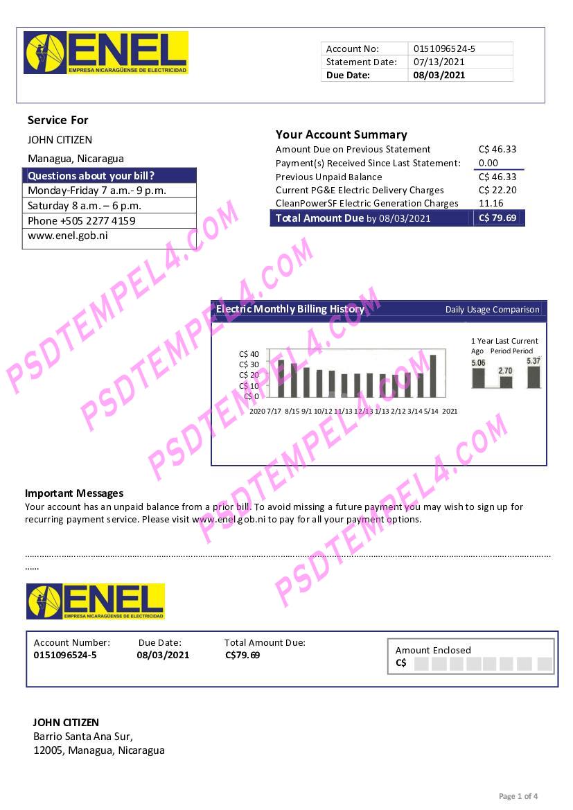 Nicaragua nicaraguan electricity company enel electricity utility bill