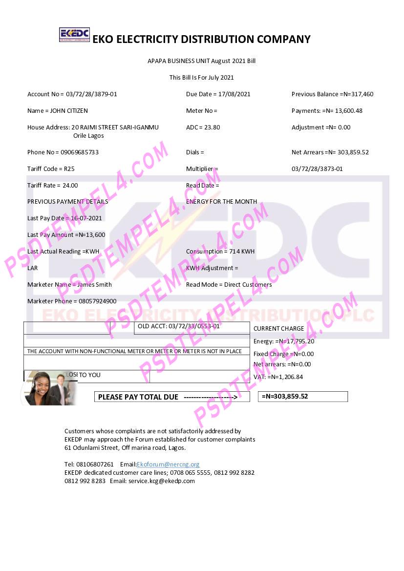 Nigeria Eko Electricity Distribution Company (EKEDC) utility bill