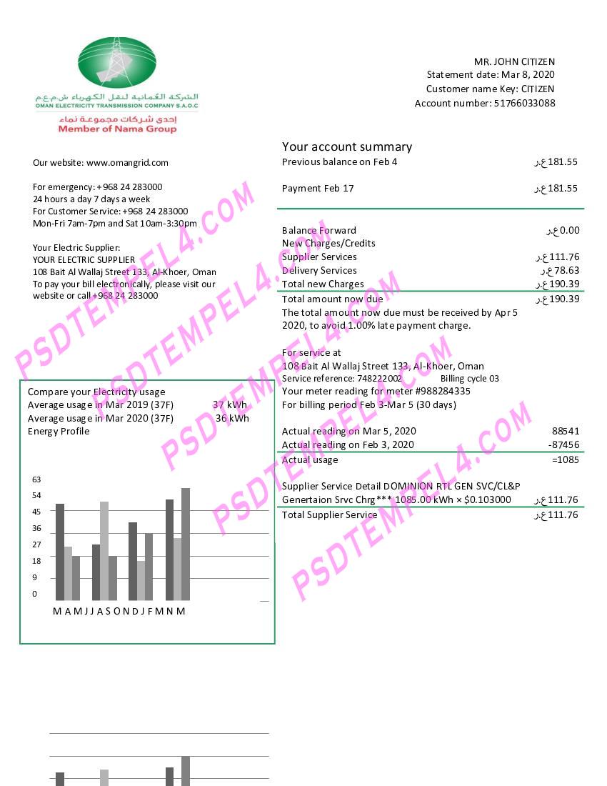 Oman Electricity Transmission Company electricity utility bill