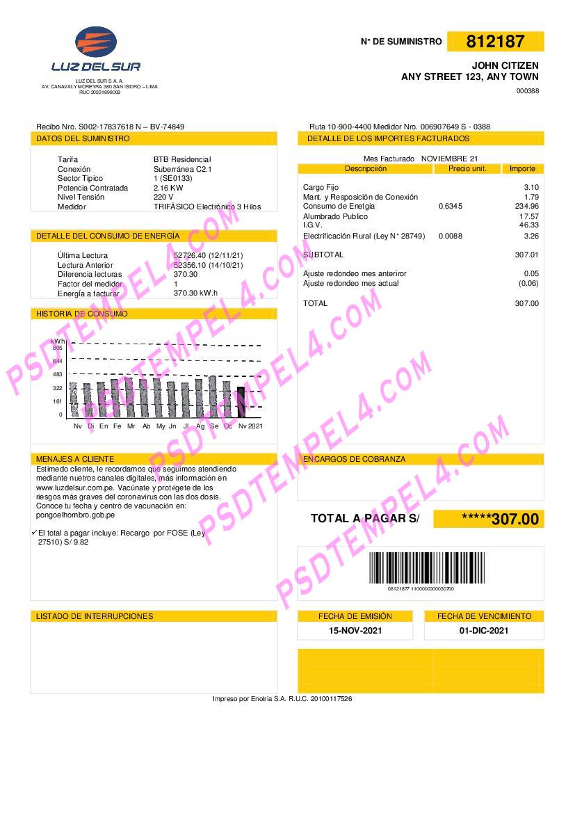Peru Luz Del Sur utility bill