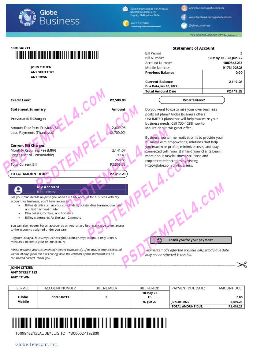 Philippines Globe Business utility bill