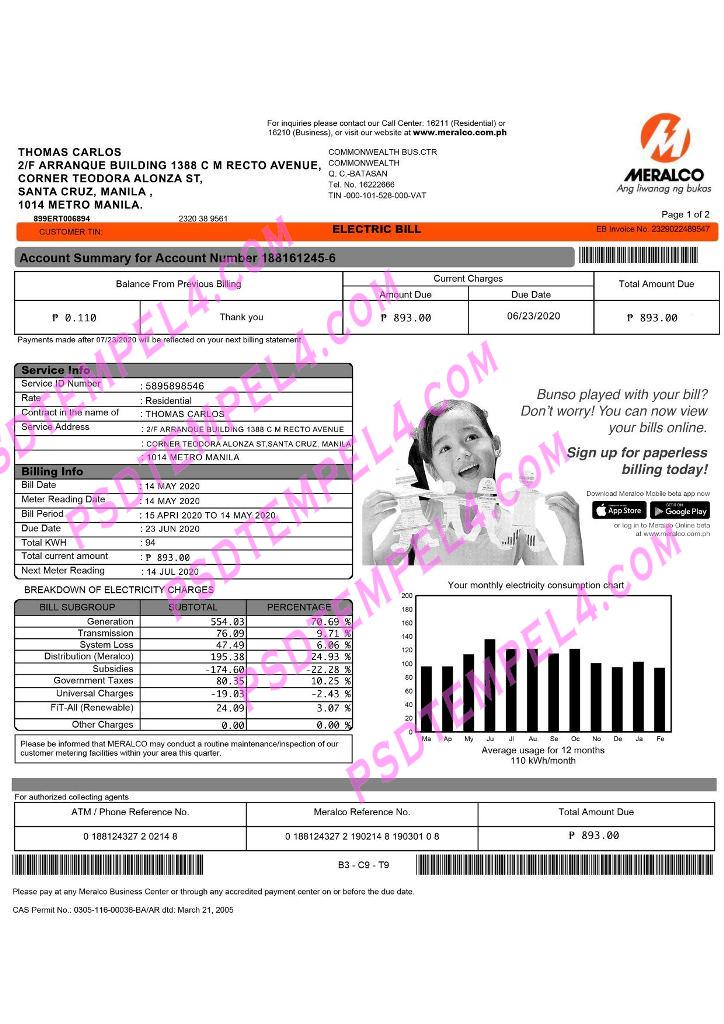 Philippines Meralco electricity PSD utility bill