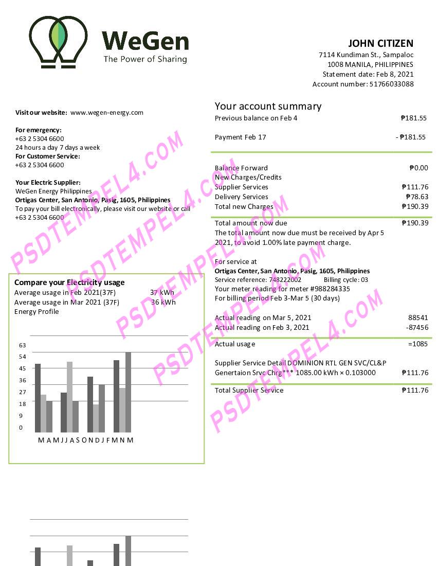 Philippines WeGen Energy Philippines utility bill