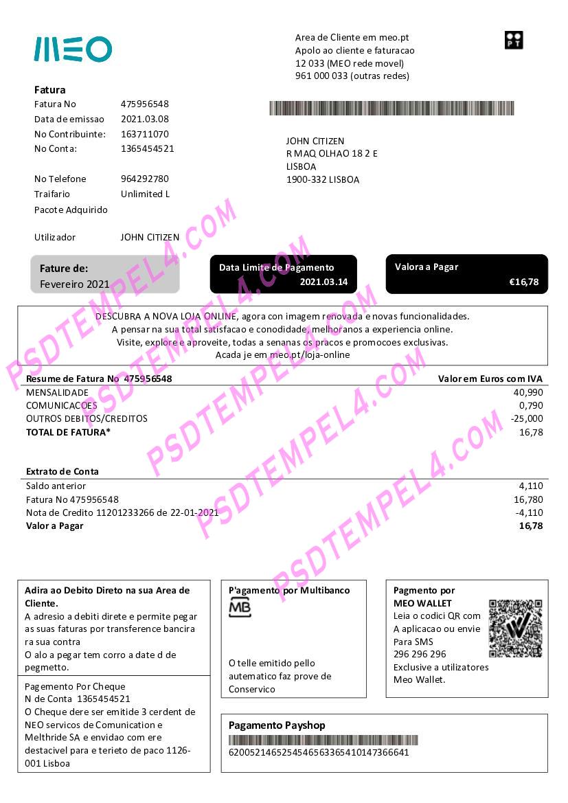 Portugal MEO utility bill