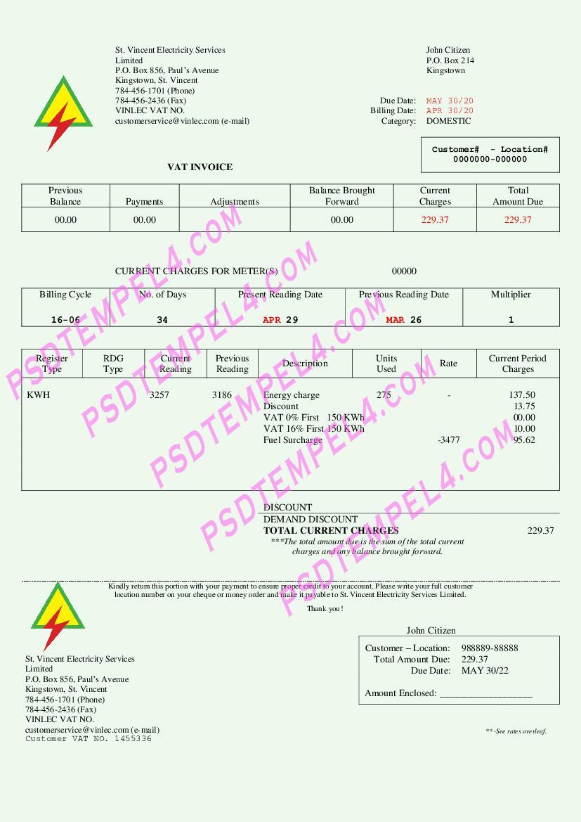 Saint Vincent and the Grenadines St utility bill.