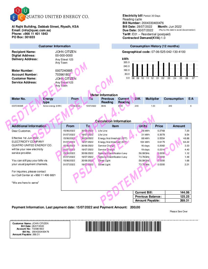 Saudi Arabi QUATRO UNITED ENERGY CO utility bill