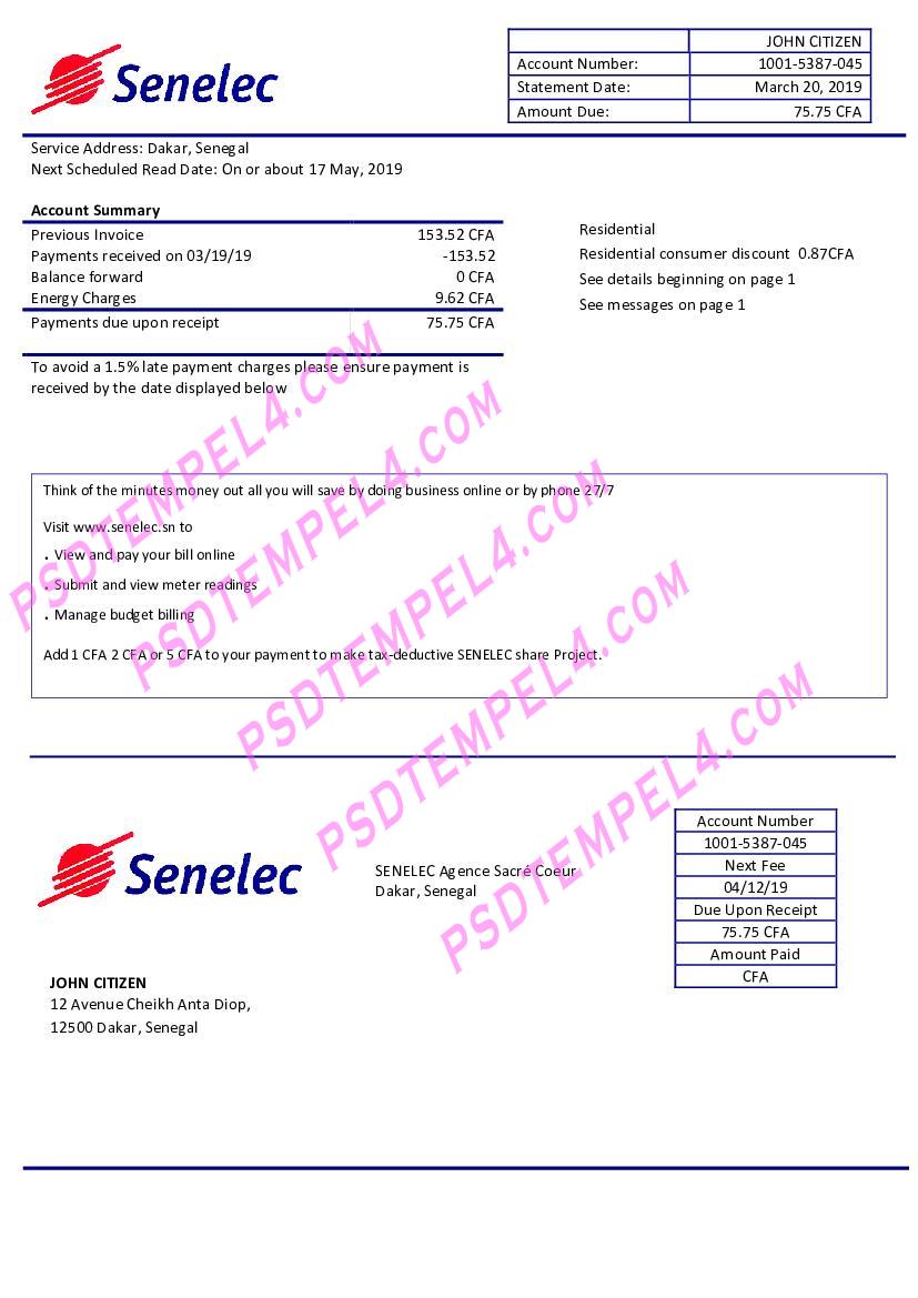 Senegal senelec agence sacr coeur electricity utility bill