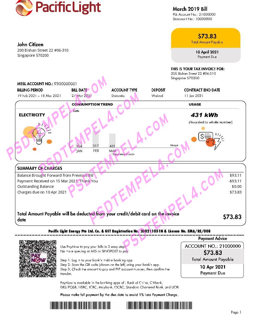 Singapore Pacific Light utility bill