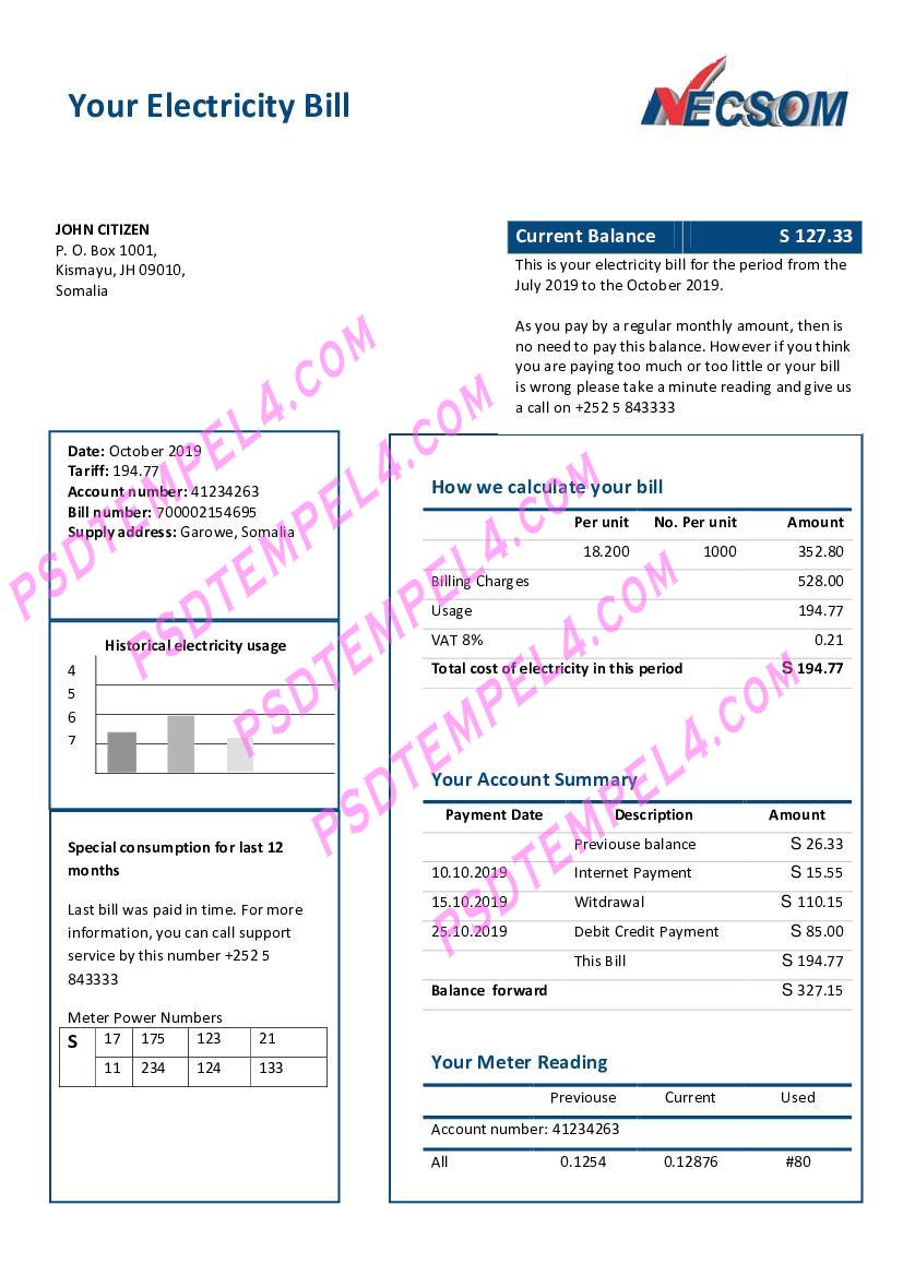 Somalia NESCOM Company electricity utility bill
