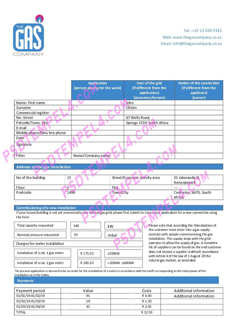 South Africa The GAS Company gas utility bill