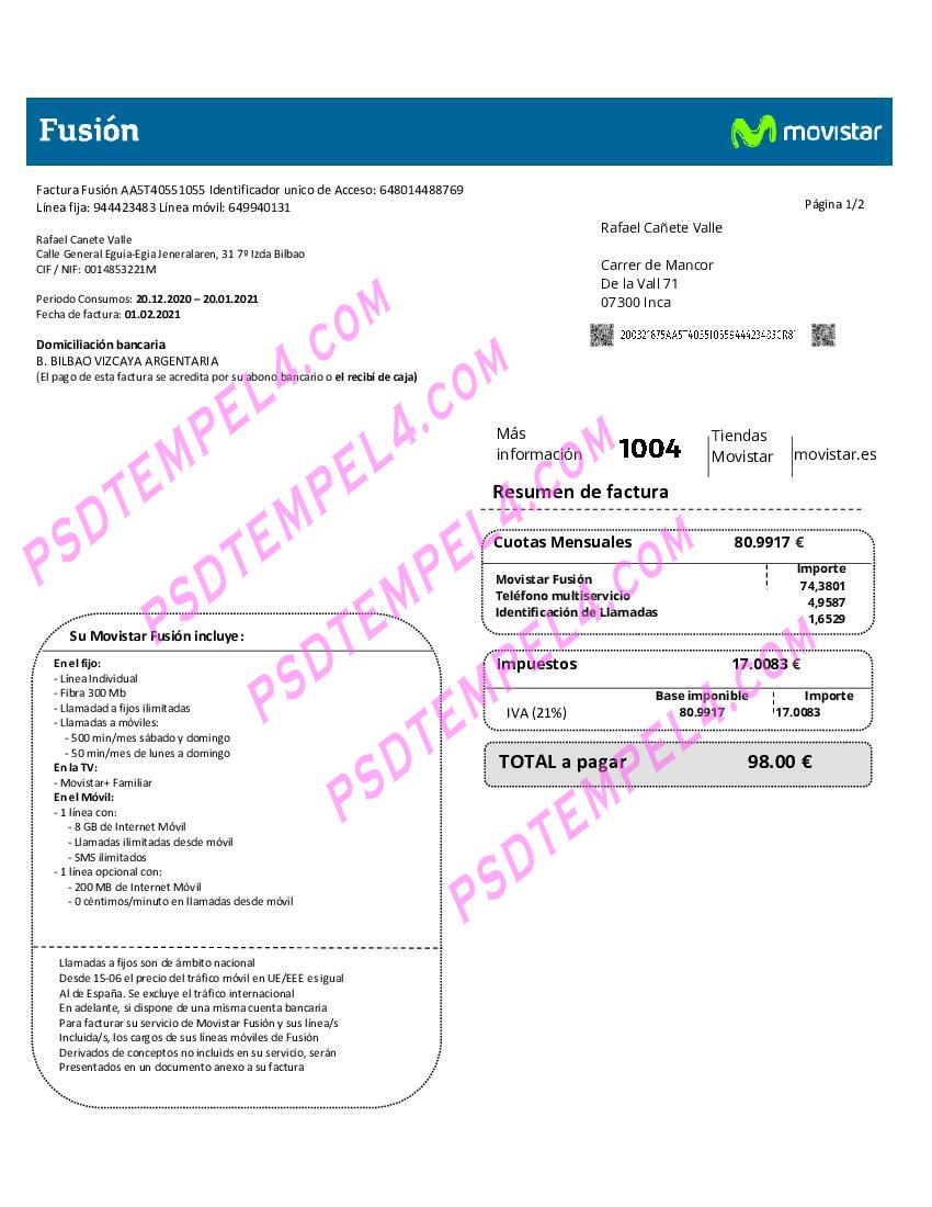 Spain Movistar Fusion telecom operator utility bill