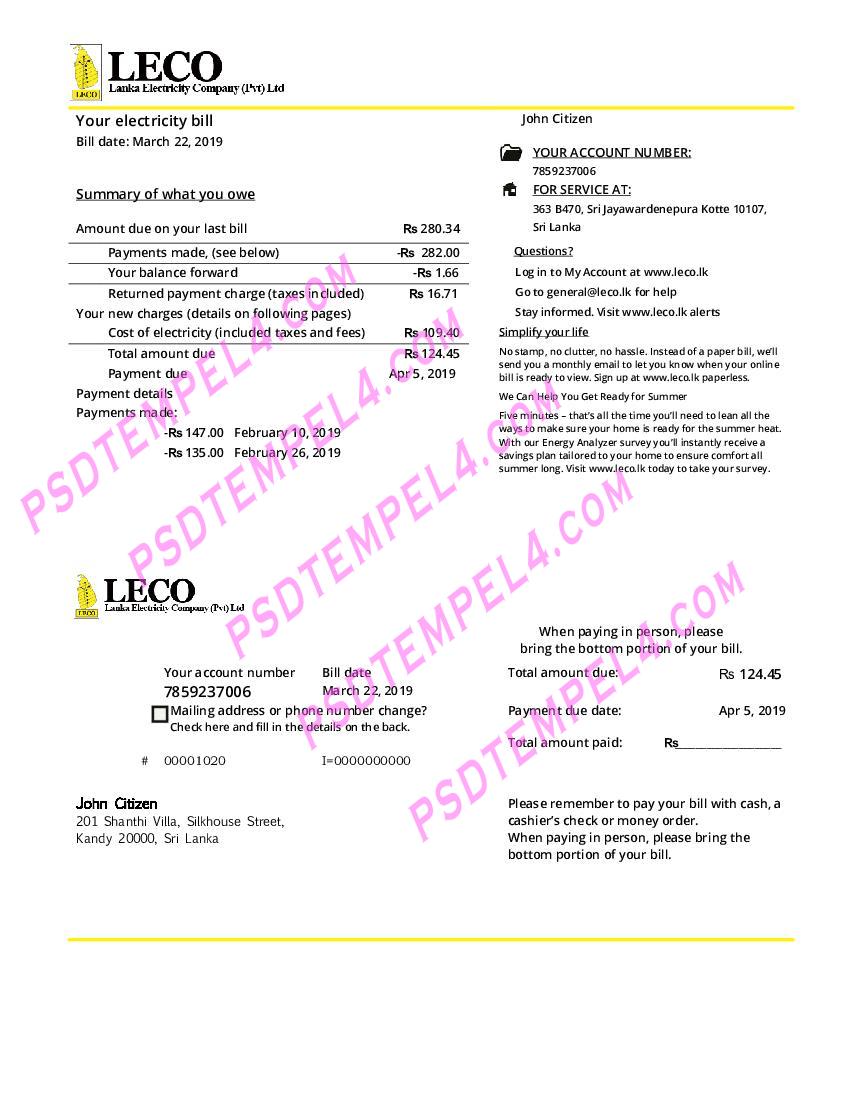 Sri lanka leco electricity utility bill