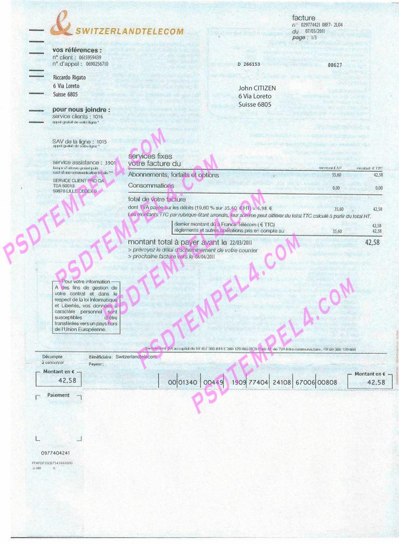 Switzerland Telecom utility bill