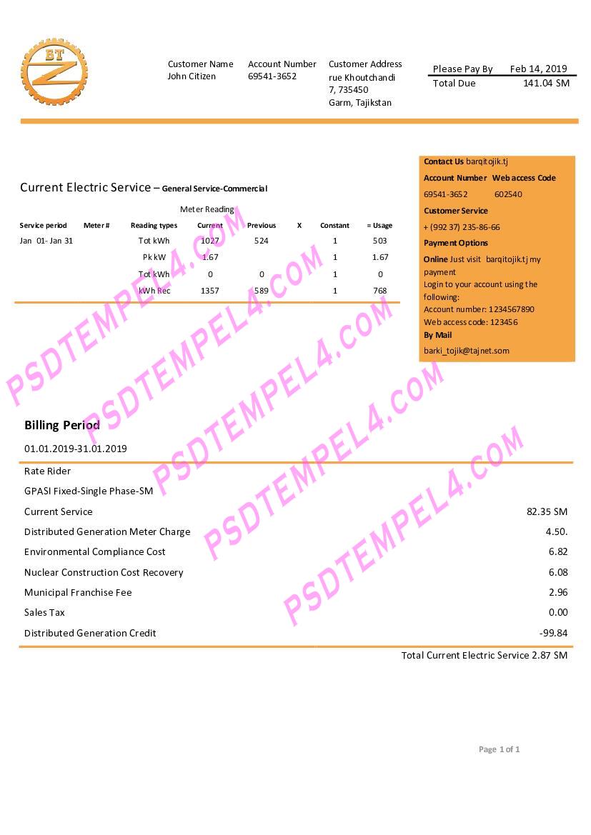 Tajikstan Barqi Tojik electricity utility bill