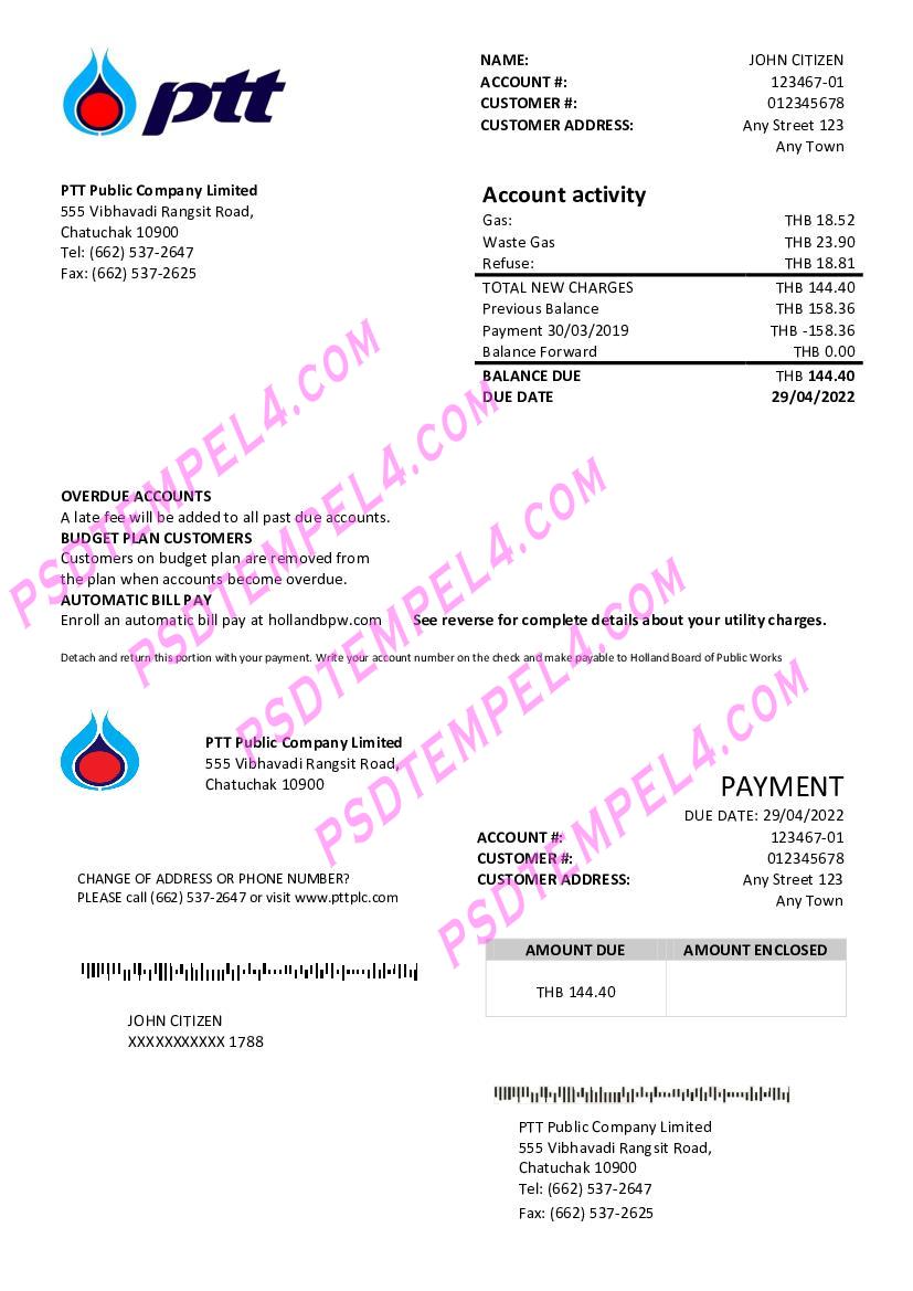 Thailand PTT gas utility bill