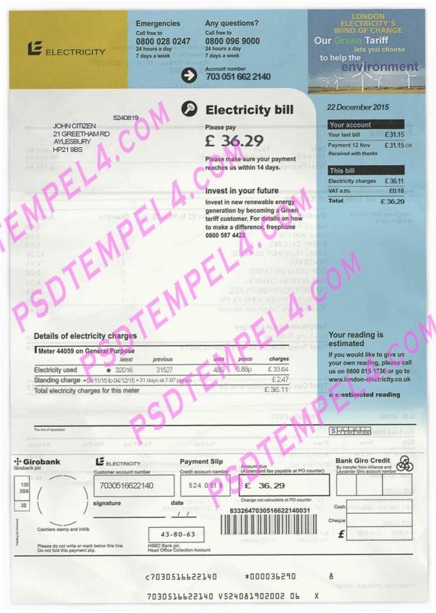 UK British Electricity PSD utility billB