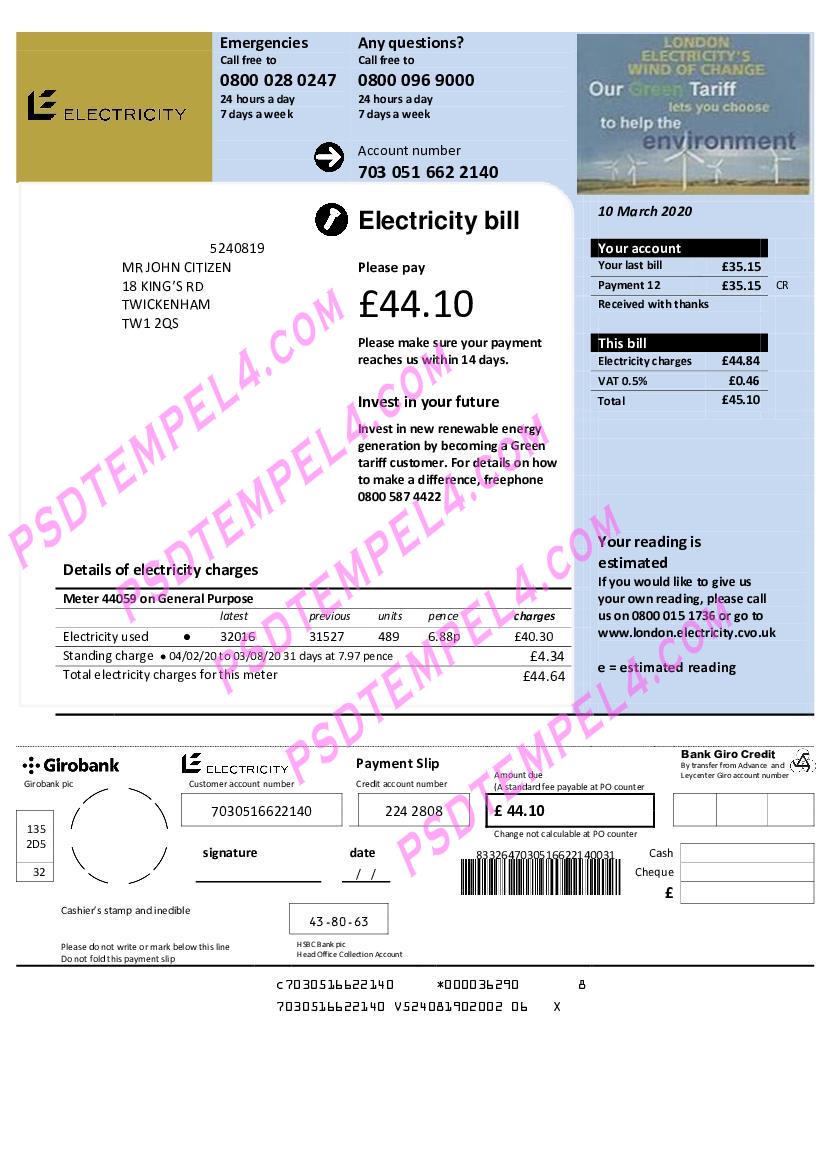 UK United Kingdom Electricity utility bill