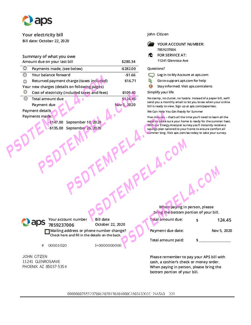 Arizona APS electricity utility bill