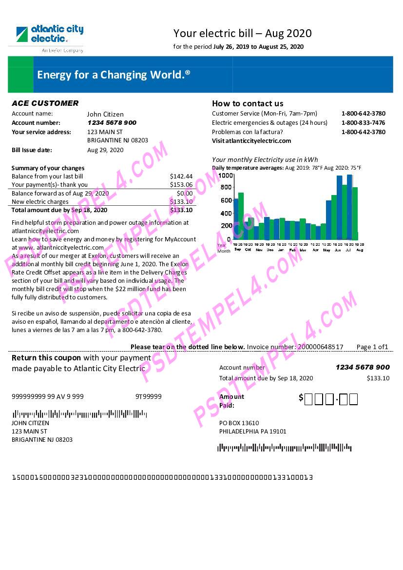 USA Atlantic City Electric utility bill