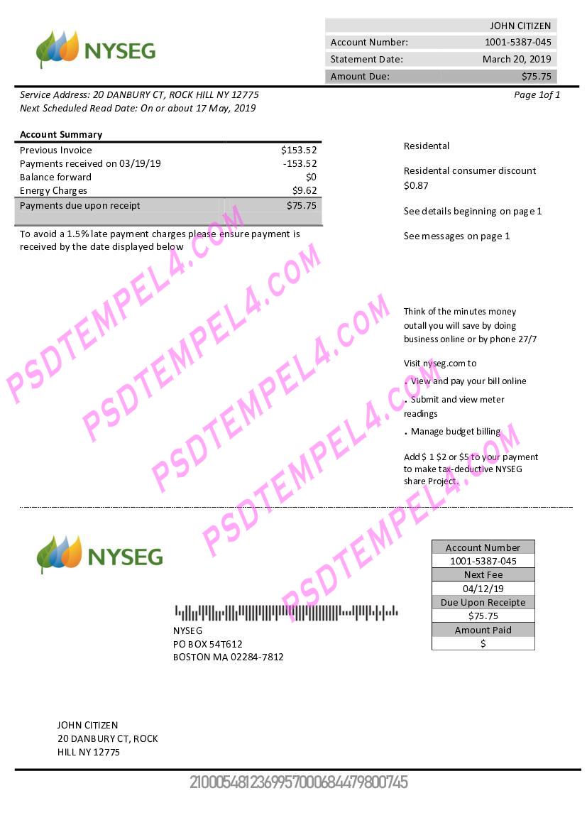 USA Boston NYSEG electricity utility bill