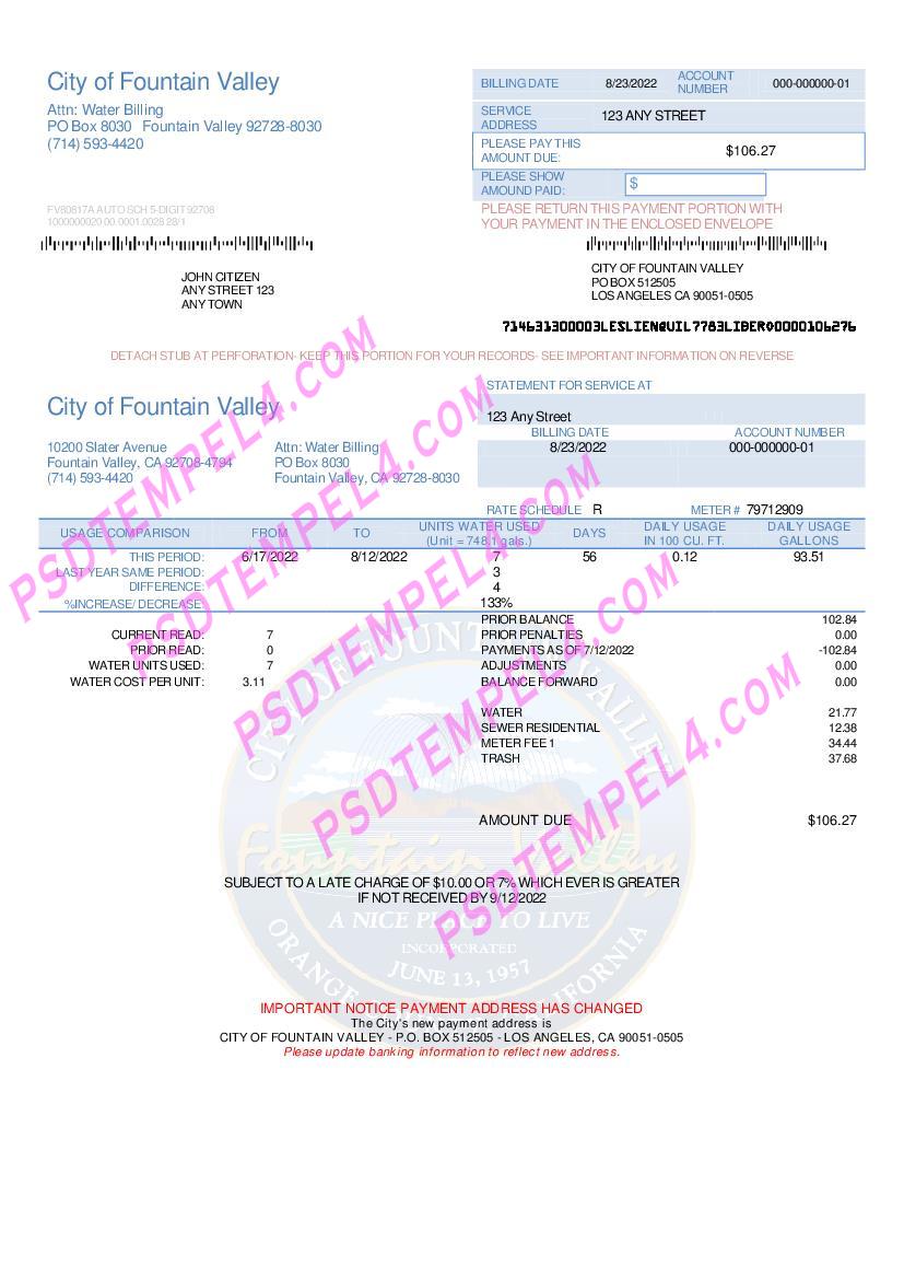 USA California City of Fountain Valley utility bill