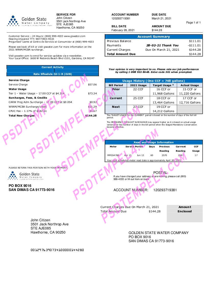 USA California Golden State Water Company utility billple