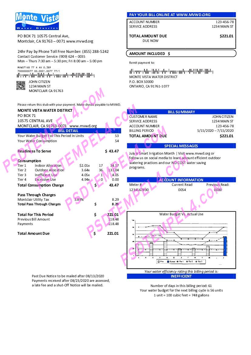 USA California Monte Vista Water District utility bill