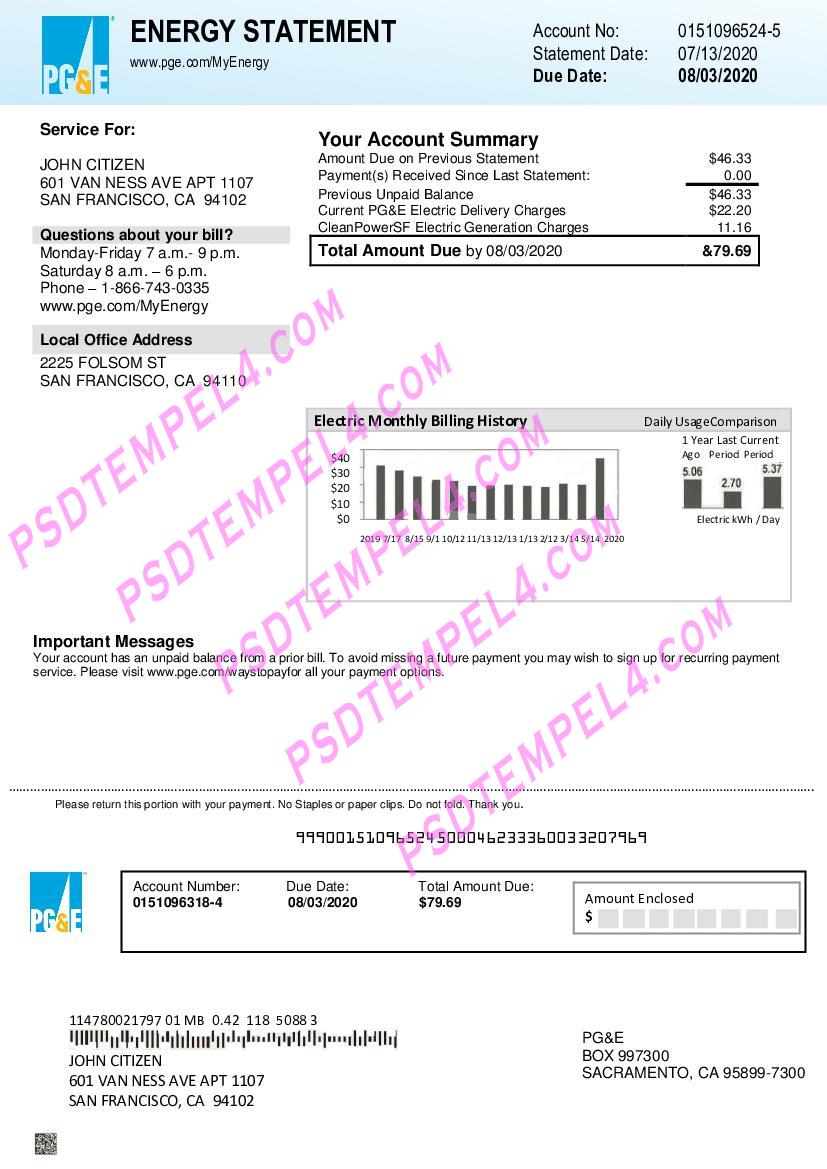 USA California PGE Pacific Gas and Electric Company utility bill