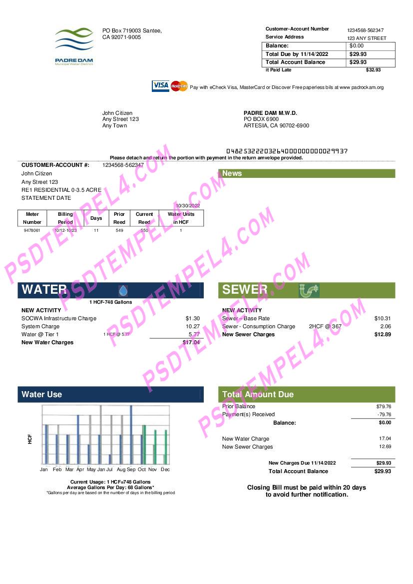 USA California Padredam utility bill