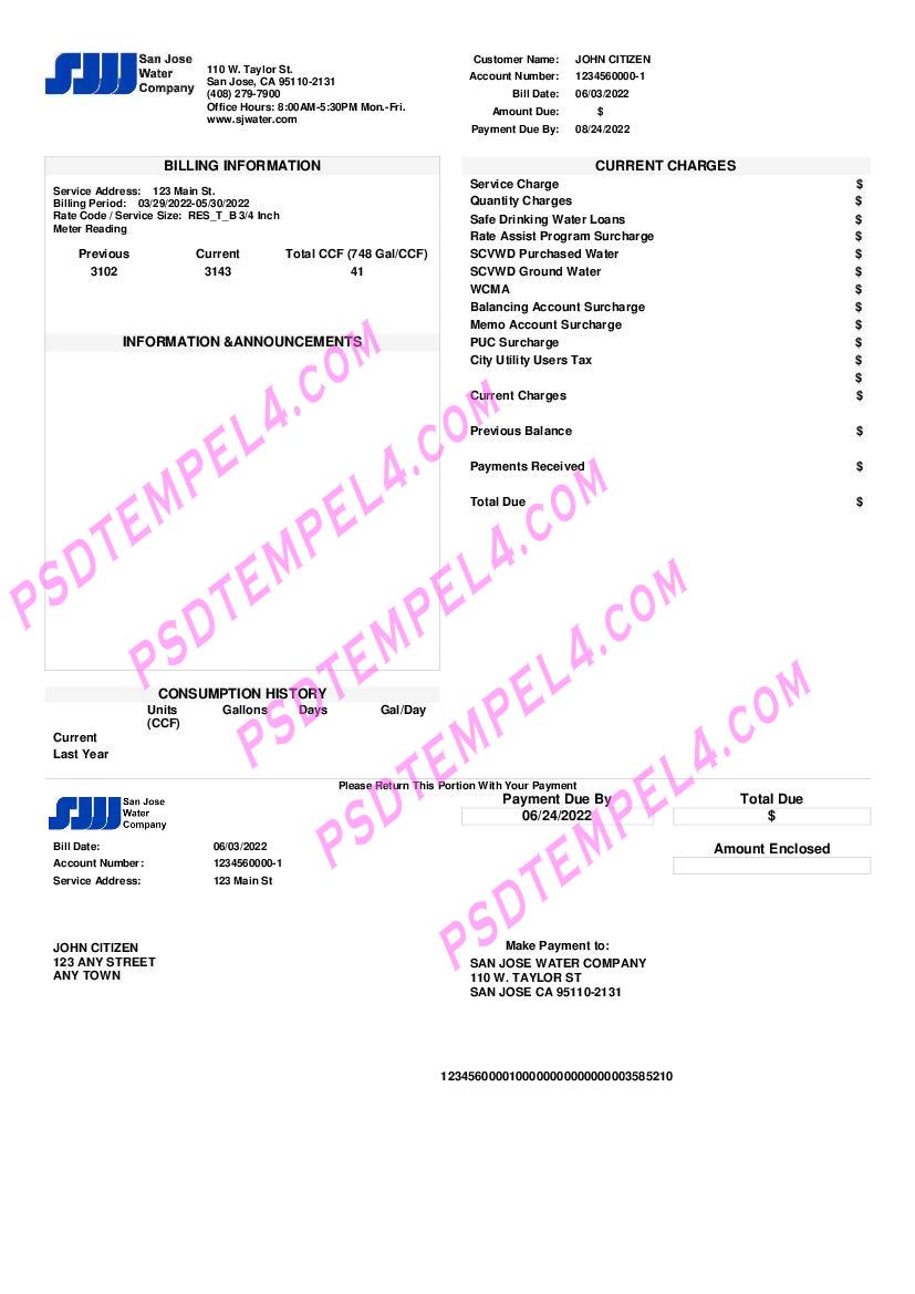 USA California San Jose Water utility bill