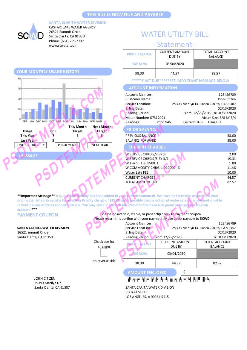 USA California Santa Clarita Water Division (SCWD) utility bill
