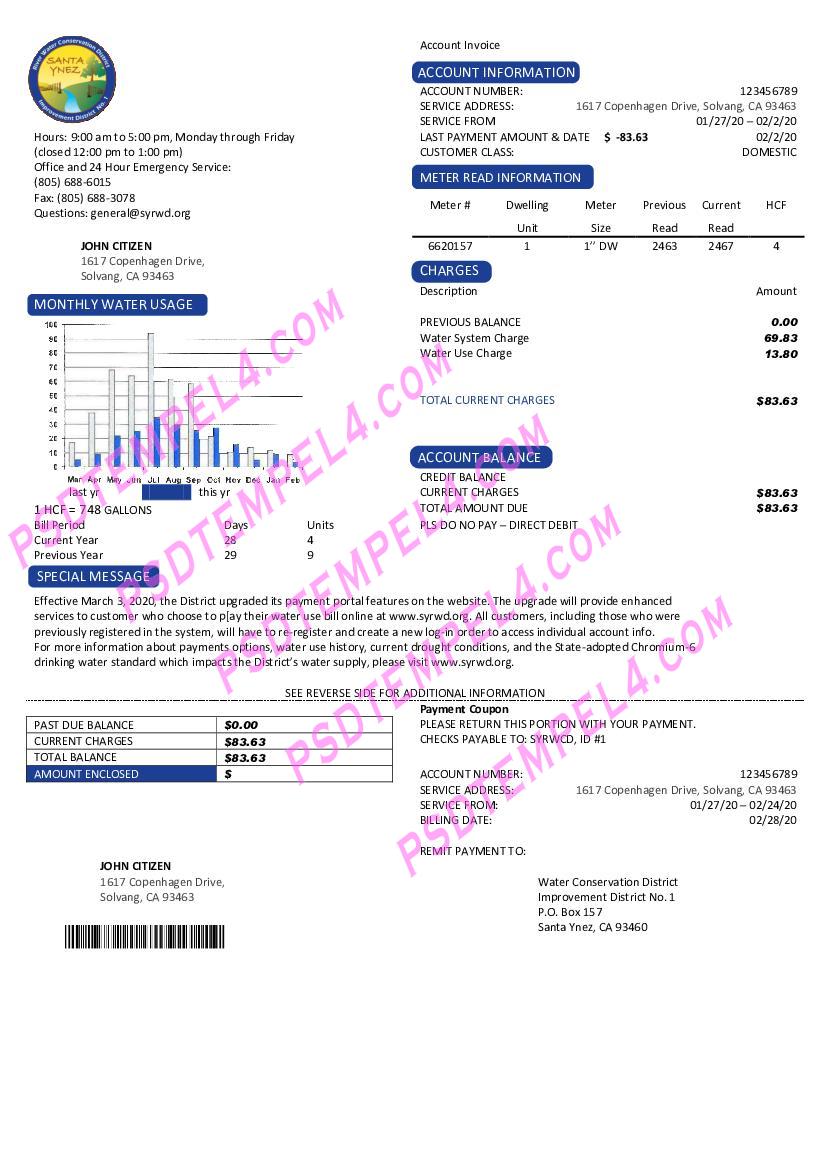 USA California Santa Ynez water utility bill