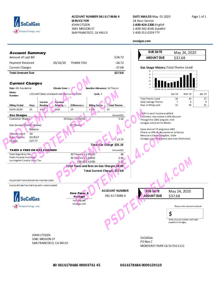 USA California SoCal Gas utility bill