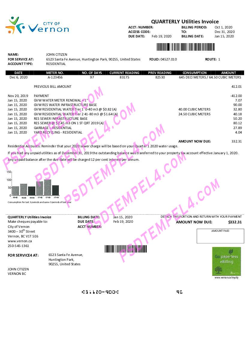 USA Canada City of Vernon water utility bill