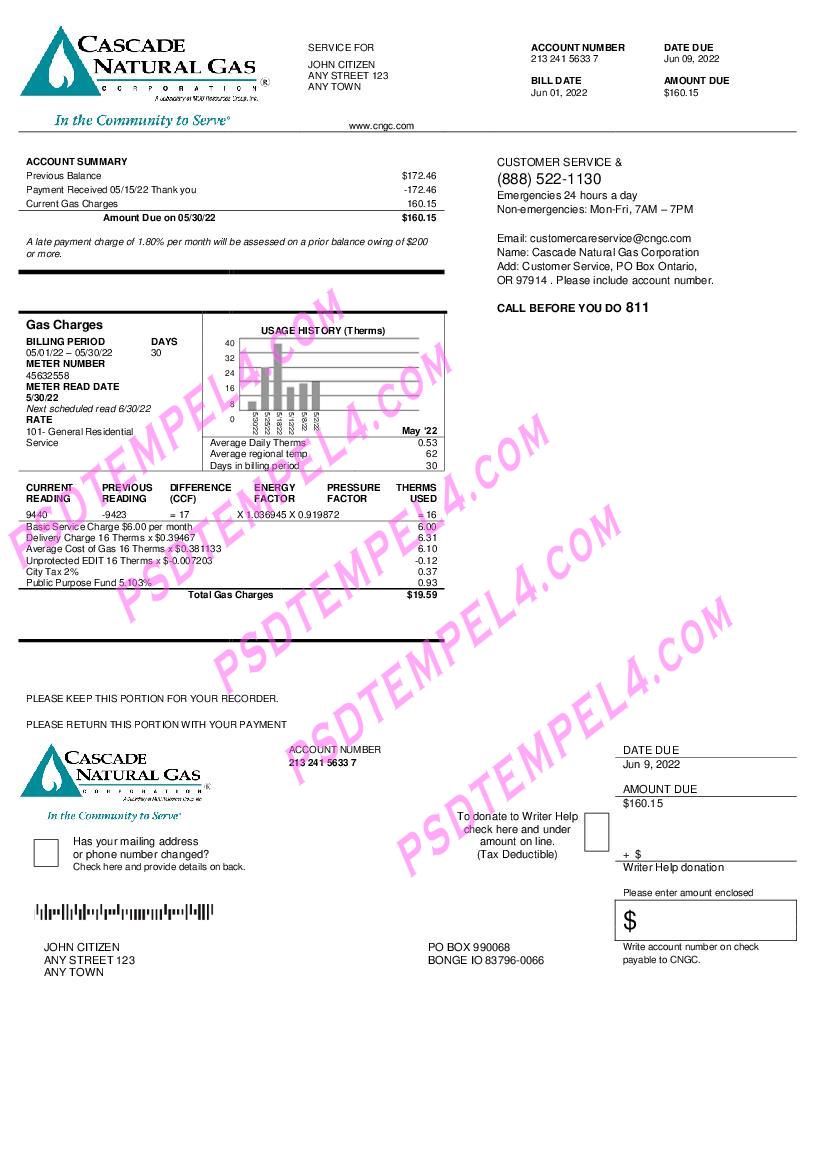 USA Cascade Natural Gas utility bill