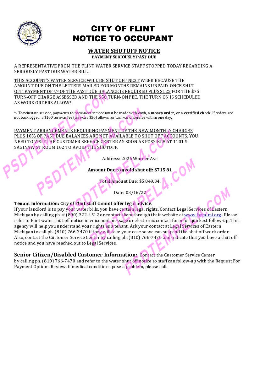 USA City of Flint Michigan water utility bille