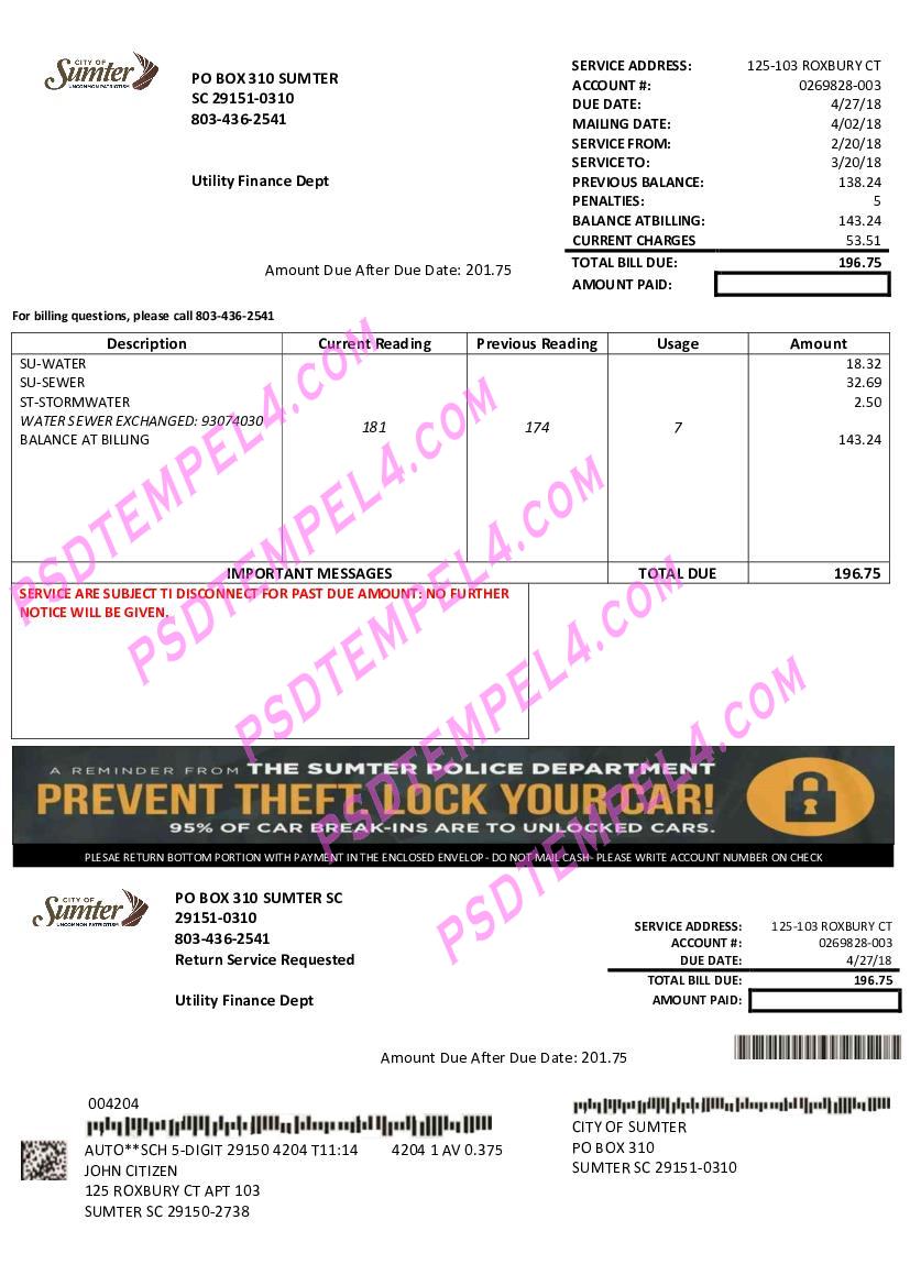 USA City of Sumter South Carolina water utility bill