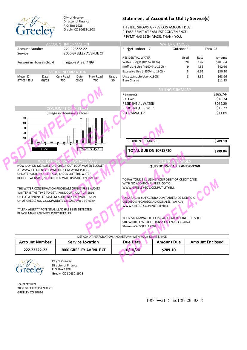 USA Colorado City of Greeley water utility bill