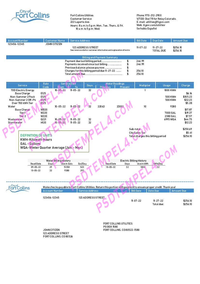 USA Colorado Fort Collins Utilities utility bill