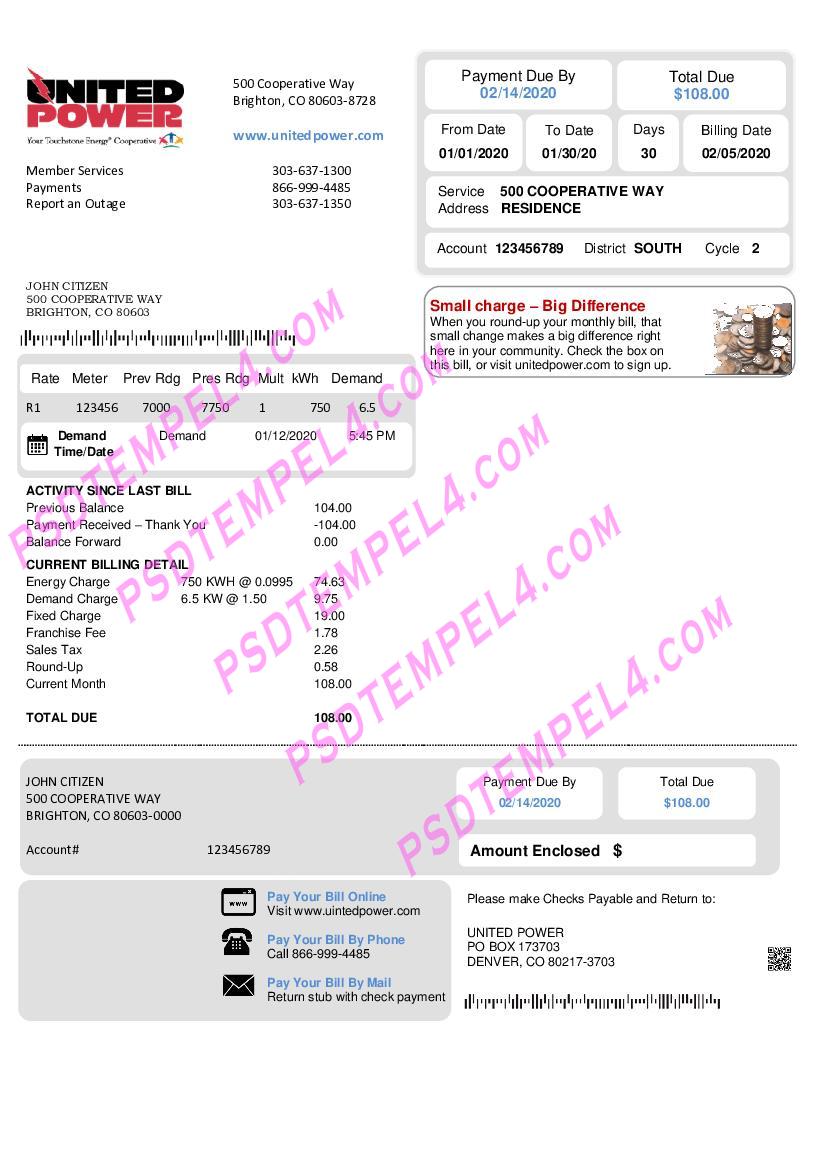 USA Colorado United Power utility bill