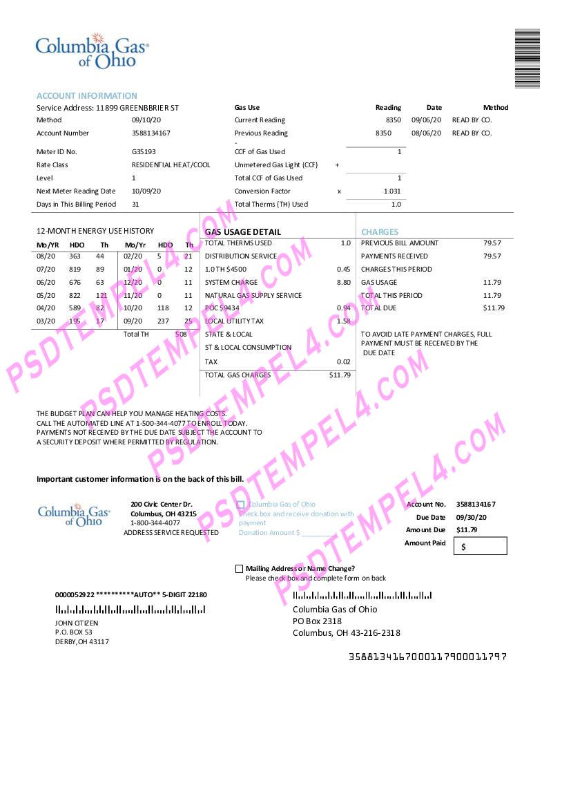 USA Columbia Gas of Ohio utility bille