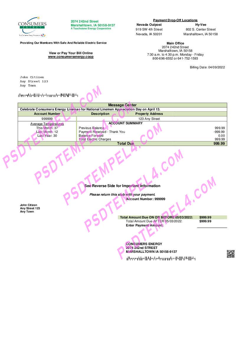 USA Consumers Energy utility bill