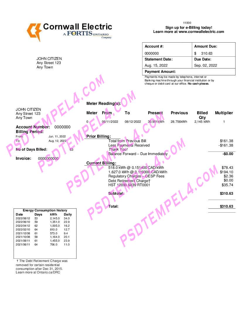 USA Cornwall Electric utility bill