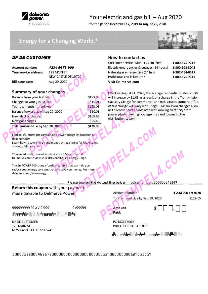 USA Delaware Delmarva power electric and gas utility bill
