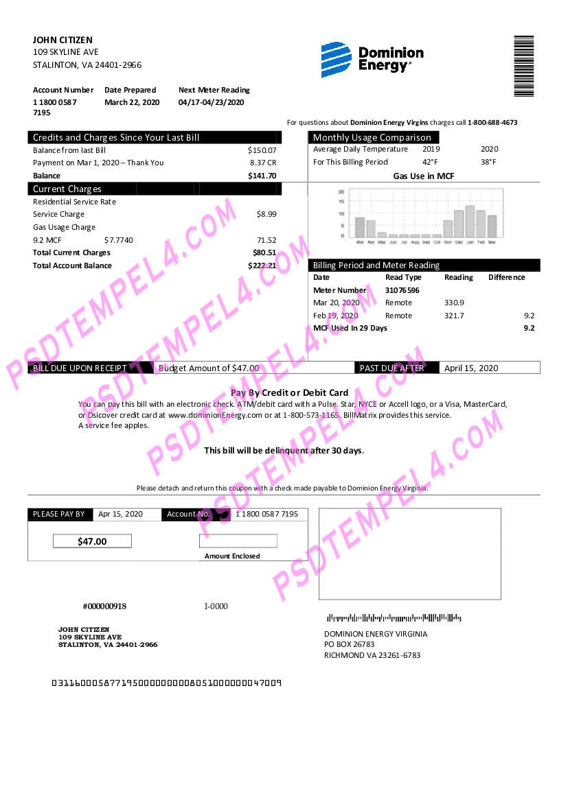 USA Dominion Energy utility bill