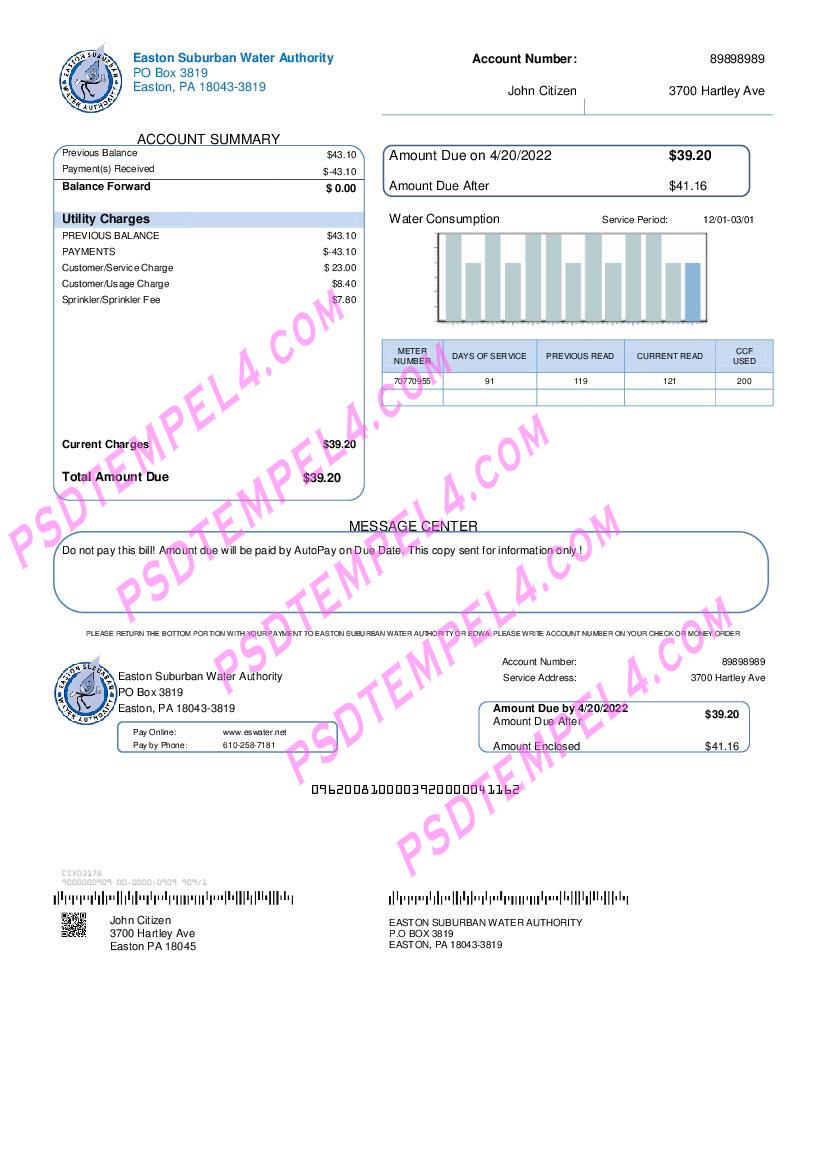 USA Eastern Suburban Water Authority utility bill