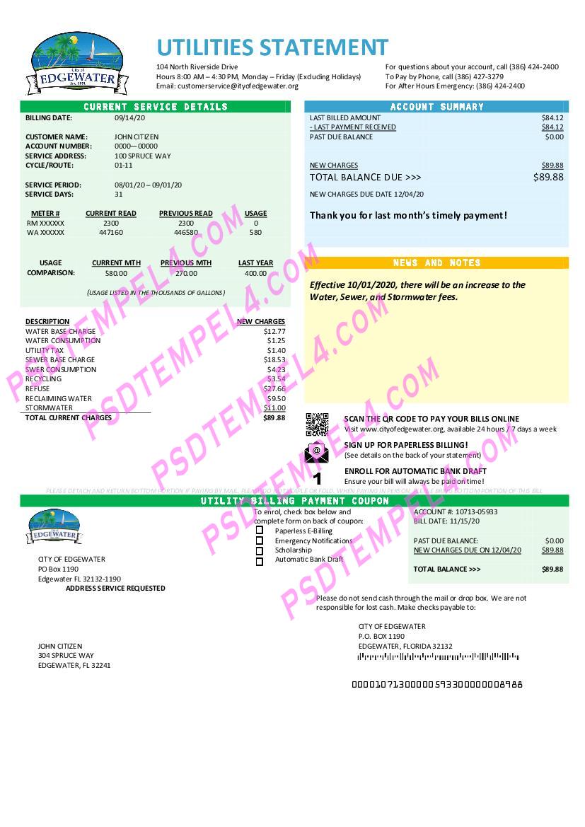 USA Florida City of Edgewater utility bill