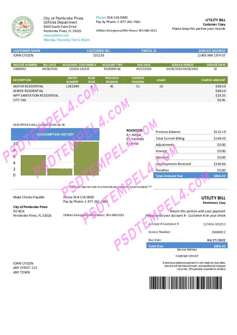 USA Florida City of Pembroke Pines Utilities Department utility bill