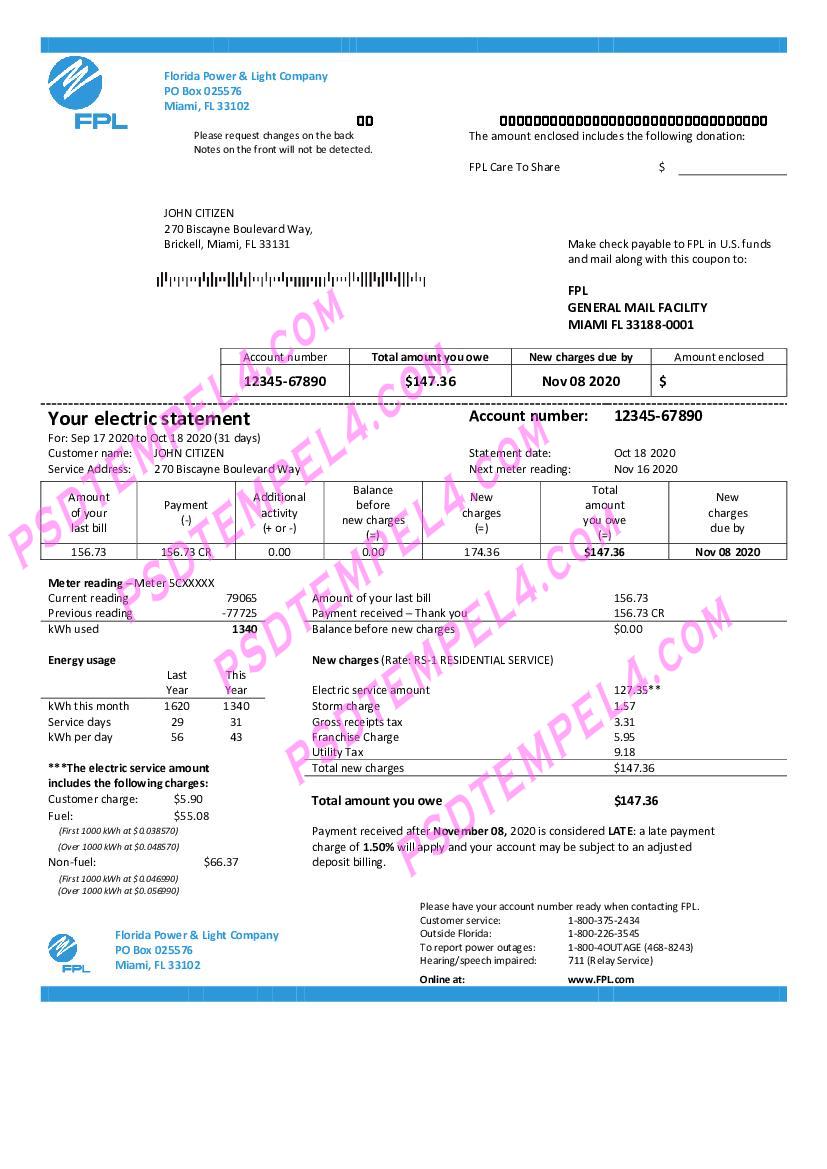USA Florida Power & Light Company (FPL) electricity utility bill