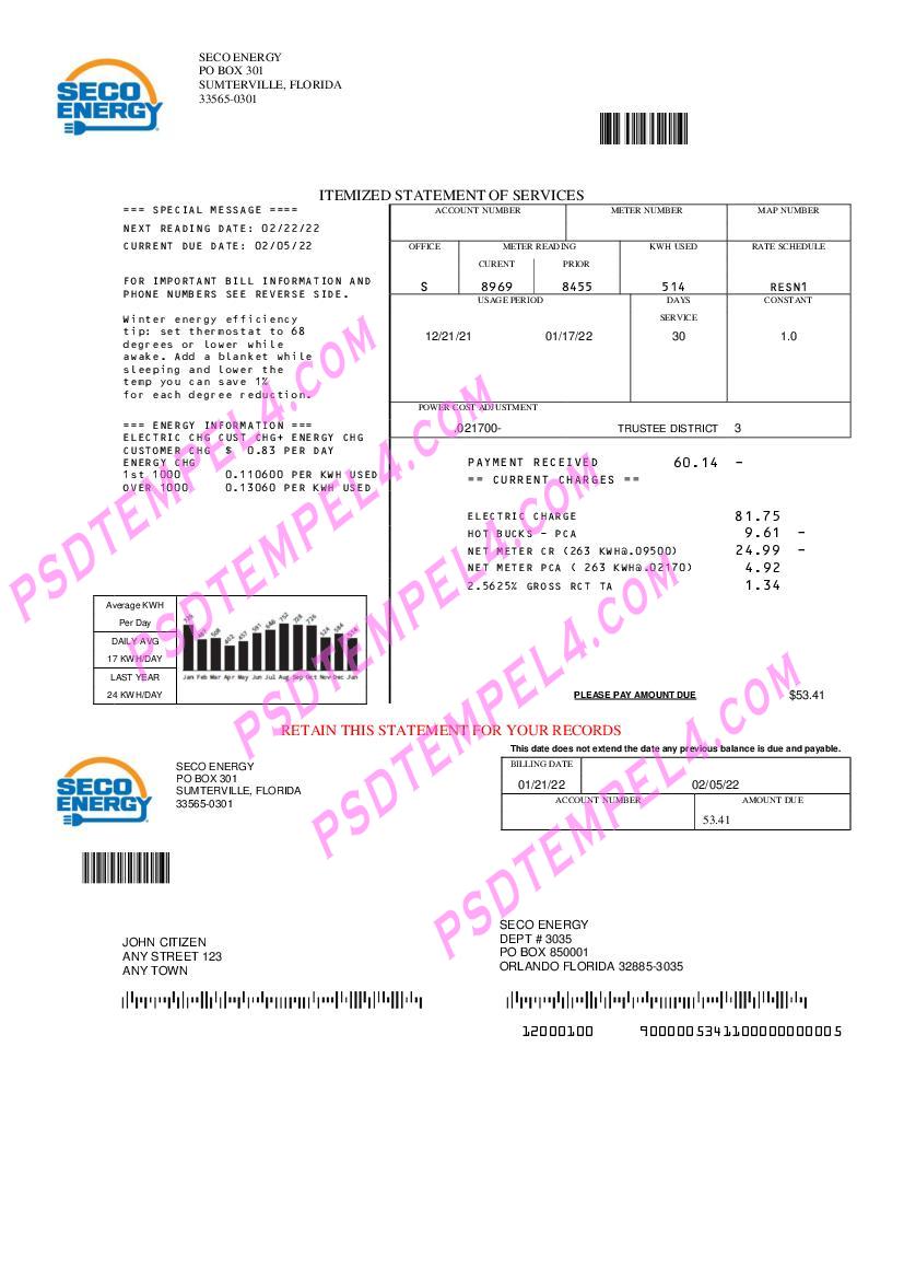 USA Florida Seco Energy utility bill